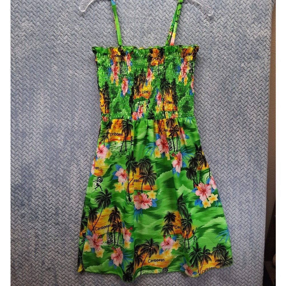 Rima Beachworld Caribbean Tropical Palm Tree Smocked Sundress Green Small